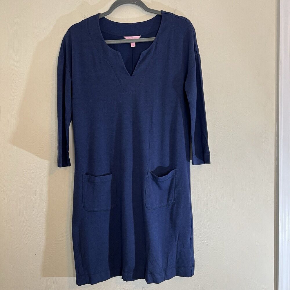 Lilly Pulitzer Joyce T Shirt Dress Sz XS Blue V Neck 3/4 Sleeve UPF 50 Casual